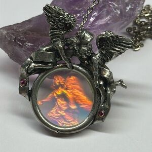 Vintage Celtic fairy angelic hologram glass pendant necklace pewter tone silver